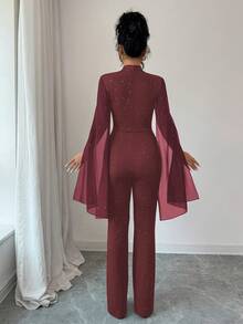 SHEIN Elenzya جمبسوت نسائية ذات ياقة عالية وظهر مكشوف مزينة بالبريق للحفلات - أحمر بنفسجي - مشاهدة 2