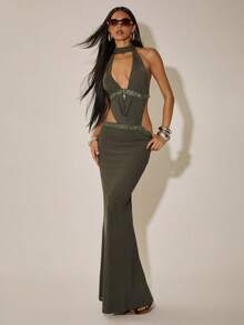 SHEIN BAE 女士橄榄绿闪亮水钻露背性感连衣裙/性感连衣裙/约会之夜连衣裙/派对连衣裙/春假装/2026狂欢节女士造型/优雅派对连衣裙/女士生日连衣裙/婚礼派对连衣裙/闪亮连衣裙/沙滩连衣裙 - 軍綠色 - 查看 7