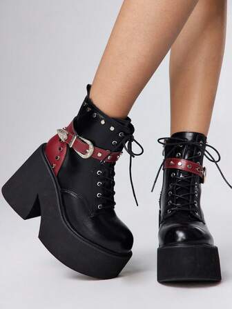 Women's Punk Style Gothic Round Toe Side Zipper Rivet Buckle Thick Heel Lace-Up Boots, Fashionable And Comfortable Short Boots