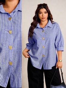 Elaquor 大码女式条纹七分袖金属单排扣休闲衬衫 - 藍白色 - 查看 1