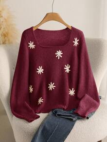 CosyJoli Áo len chui đầu dáng rộng cổ vuông thêu hoa phong cách du lịch thường ngày cỡ lớn cho nữ, mùa thu/đông - Màu Đỏ Sâu - Xem 1