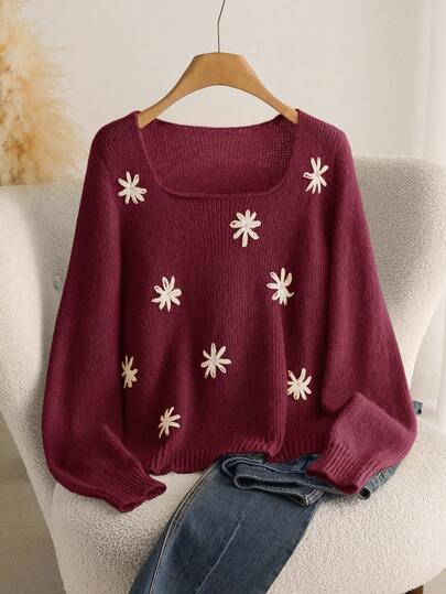 CosyJoli Suéter holgado de cuello cuadrado con bordado floral, estilo casual de vacaciones para mujer talla grande, otoño/invierno