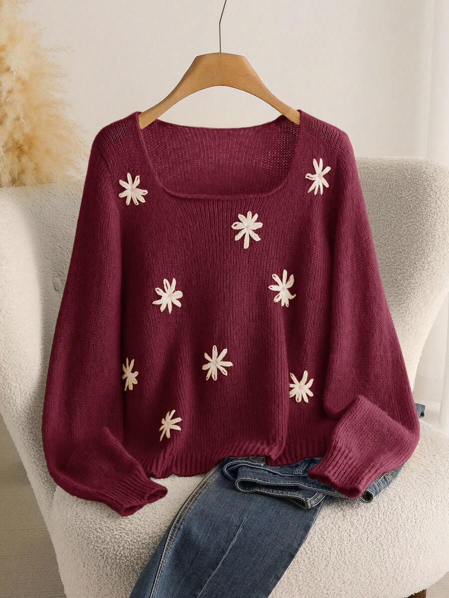 CosyJoli Áo len chui đầu dáng rộng cổ vuông thêu hoa phong cách du lịch thường ngày cỡ lớn cho nữ, mùa thu/đông - Màu Đỏ Sâu - Xem 1