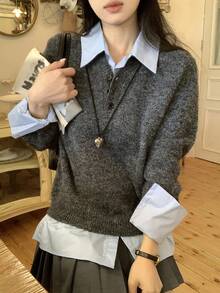 DAZY Women's 2 In 1 Long Sleeve Sweaters, Korean Style - Grey - View 8