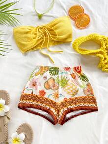 Soleia 女士度假套装，两件套，系带抹胸上衣和菠萝印花短裤，秋冬款 - 彩色 - 查看 6