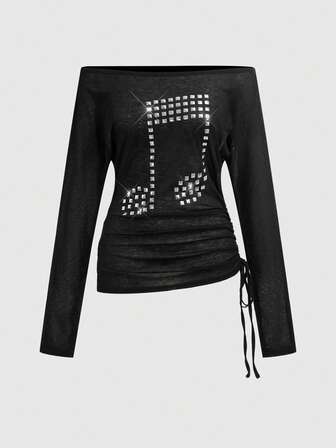 T-shirt à manches longues pour femmes style punk avec notes de musique et rivets à épaules dénudées
