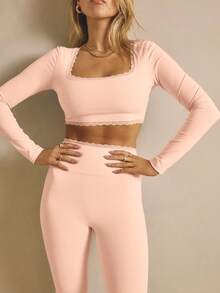 Aralina Freizeit-Spitzen-Trim Langarm Crop Top und Leggings Aktiv Gym Workout Zweiteiler Damen Set - Babypink - Übersicht 7