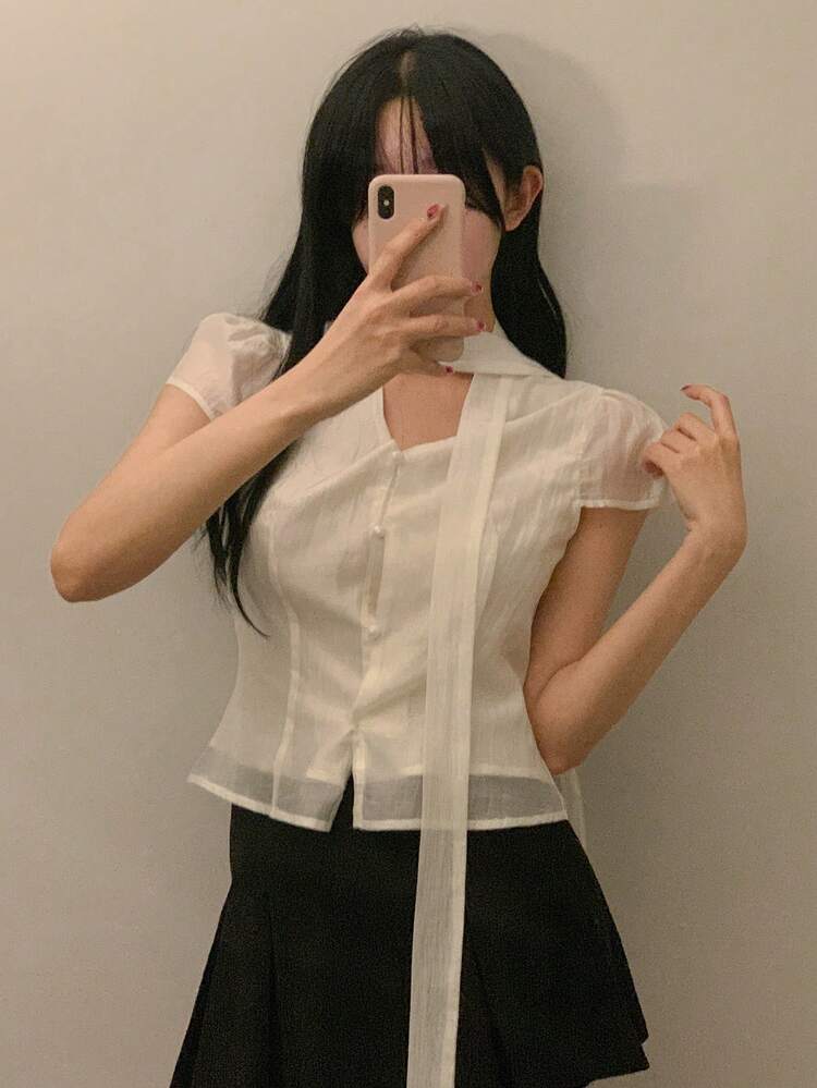 Women's Tie-Up Short Sleeve Shirt, Spring/Autumn