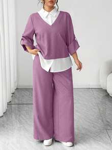 Elenzga Plus Size Casual Color Block Patchwork Shirt & Pants Set - Mauve Purple - View 1