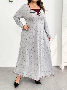 SHEIN CURVE+ Đầm dài tay in nơ cỡ lớn 2 trong 1 thường ngày cho nữ/2026/Năm mới - Nhiều màu - Xem 5