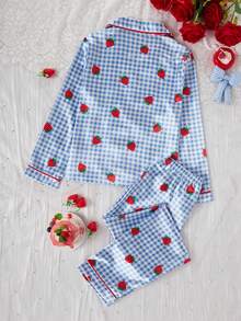 Girls Strawberry Plaid Print Faux Silk Pajama Set Strawberry Pajama Set Gingham Pajama Set - Baby Blue - View 2