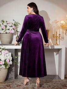 Modelyn Đầm chữ A cổ vuông tay dài đính ngọc trai nhung thanh lịch cỡ lớn, phù hợp mặc hàng ngày và tụ tập vào mùa xuân và mùa thu - Màu tím - Xem 2