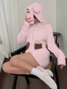 SHEIN Bear Embroidery Long Sleeve Shorts Animal Hooded Pajamas - Pink - View 6