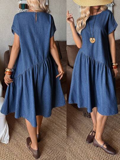 EMERY ROSE 女士休闲褶皱短袖牛仔连衣裙，夏季
