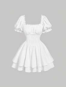 SHEIN MOD Solid Frill Trim Ruched Bust Ruffle Hem White Cap Sleeves Double Hem Skort Romper - White - View 2