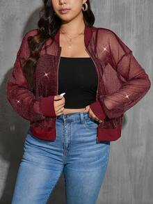 SHEIN Essnce 大码女式落肩亮片拼接修身棒球夹克 - 酒紅色 - 查看 3