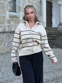 Jeta Ari Cárdigan holgado de cuello alto de manga larga con botones de cuerno y rayas de colores contrastantes para mujer, ropa de mujer de otoño - Albaricoque - Ver 6