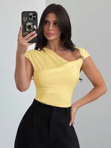 Firerie Women's Asymmetric Shoulder Wrap Ruched Waist Tight Fit T-Shirt, Elegant Modest Daily Commute, Spring/Summer - Pale Yellow - View 9