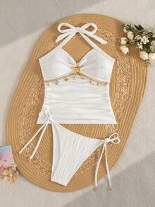 Swim Vcay 女士夏季度假休闲沙滩装纯白色两件套，吊带系带，海星贝壳装饰背心和比基尼，特殊纹理面料泳衣套装 - 白色 - 查看 3