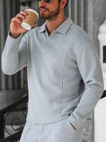 Manfinity Homme 男士Polo衫，成熟休闲风格拼接设计，时尚百搭，适合外出穿着；男士针织衫，灰色；男士衬衫，灰色针织衫；男士长袖Polo衫 - 灰色 - 查看 6