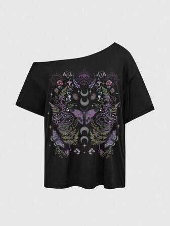 Goth Mysterious Butterfly, Purple Floral, Sun, Moon, Stars, Snake, Gemstone Eyes, Sexy Asymmetric-Shoulder, Black Solid Color, Streetwear Vintage Style Plus Size Asymmetric-Shoulder T-Shirt