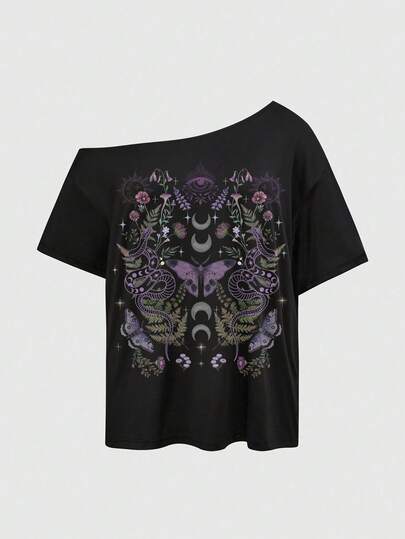 Goth Camiseta de estilo vintage de talla grande con hombros asimétricos, color negro sólido, estilo urbano, con diseños de mariposa misteriosa, flores moradas, sol, luna, estrellas, serpiente, ojos de gema