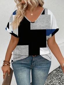 EMERY ROSE Nueva llegada Bloque de color geométrico Cuello en V Manga corta Talla grande Mujeres Camiseta estampada digital, Primavera/Verano - Multicolor - Ver 5