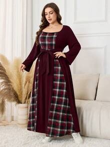 Lacomfia Plus Size Women Casual Knit Patchwork Plaid Waist Belt Dress - Burgundy - View 5