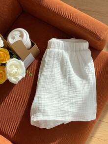 SHEIN EZwear Solid Elastic Waist Shorts White Shortsshort Alfaiataria Brancowhite Shorts For Girls - White - View 4