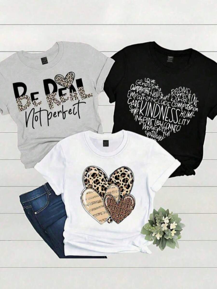 Packk 3 camisetas estampadas mujer corte recto manga corte cuello redondo tshirt dama Be real corazón animal print - Multicolor - Ver 1