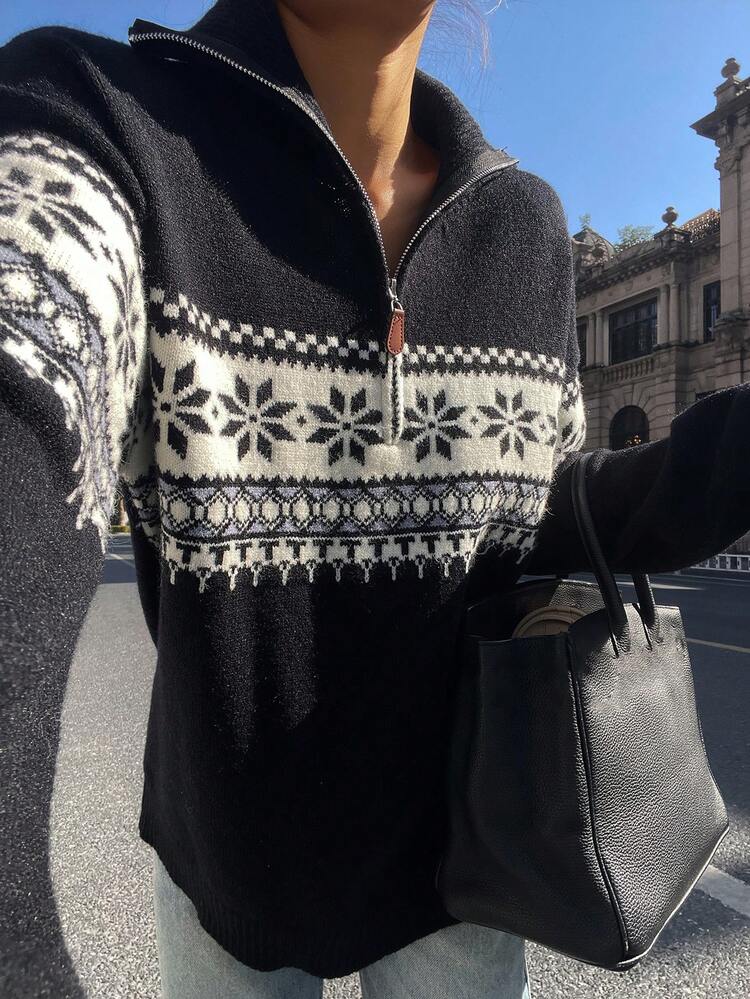 DAZY Vintage Half-Zip High Neck Sweater Women, Fair Isle Jacquard Loose Pullover - Black - View 1
