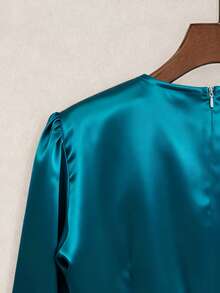 Franclia Women's V-Neck Long Sleeve Shiny Fabric Waist Cinched Flared Leg Jumpsuit - Teal Blue - View 2