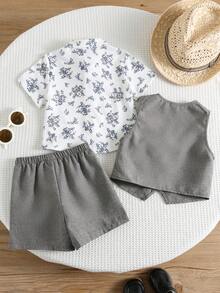 SHEIN 3件套男婴幼儿可爱植物图案短袖衬衫、针织背心和短裤套装，绅士装扮，适合休闲外出、室内活动、生日派对、婚礼、迎婴派对、春夏穿着。 - 灰色 - 查看 2