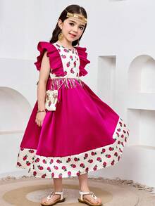 SHEIN Blush Pink Summer Formal Party Floral Contrast Color Sequins Tassel Long Ruffle Hem Abaya Kaftan With Bag For Girls - Hot Pink - View 3