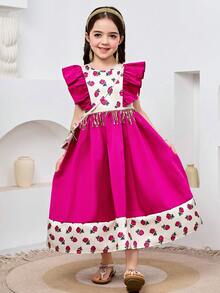 SHEIN Blush Pink Summer Formal Party Floral Contrast Color Sequins Tassel Long Ruffle Hem Abaya Kaftan With Bag For Girls - Hot Pink - View 5