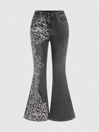 Damen Gothic Floral Muster Skinny Stretch Denim Schlaghose