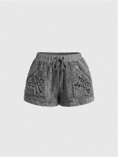 Y2K Gothic Cross Embroidered Fuzzy Women Shorts, Halloween
