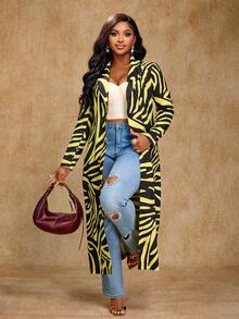 Brilight Abrigo de mujer con estampado de cebra suelto y extra largo, con cuello de solapa y un botón. Con estampados de animales y flores. Adecuado para fiestas, artículos de fiesta y uso diario. Abrigo extra largo, abrigo de otoño