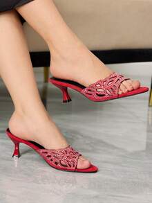 Sleekvia Women's Pointed Toe Rhinestone Hollow Design Elegant High Heel Sandals - Red - View 4