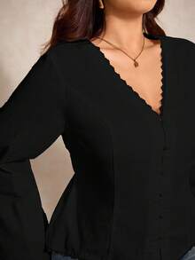 Elaquor Áo sơ mi tay chuông màu trơn đa năng cỡ lớn - màu đen - Xem 4