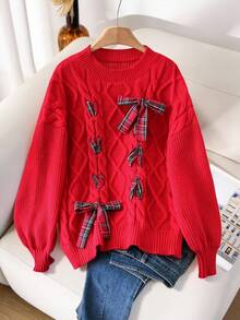 CosyJoli Plus Size Women's Plaid Bow Decor Drop Shoulder Long Sleeve Loose Pullover Red Sweater, Autumn/Winter Christmas Red/New Year - Red - View 3