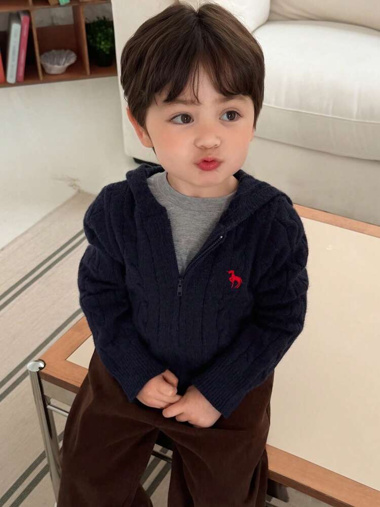 Toddler Boys' Solid Color Long Sleeve Hooded Cardigan With Horse Embroidery, Autumn/Winter