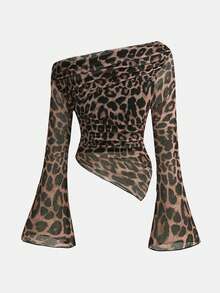 Girlism Tween Girls Asymmetric Shoulder Design Knit Printed Casual Fashionable Matching Family Leopard Pattern Top - Multicolor - View 2