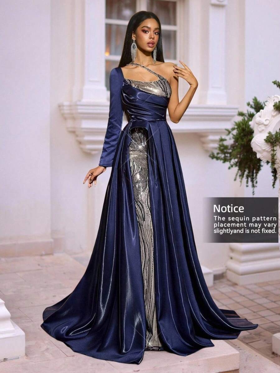 Glamrae Elegant Luxury Woven Sparkling Sequin Embroidered Liquid Satin, Asymmetric Neckline Double-Layer Wrap With Handmade Pleats, Inverted U-Shaped Flared Skirt, Suitable For Wedding, Gala, Event, Banquet, Business, And Concert Guest Formal Dress - Navy Blue - View 1
