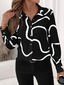 Editum Women's Black & White Striped Print Button Front Long Sleeve Shirt, Commuting & Casual Wear Winter Spring Summer Elegant Black - Black and White - View 4