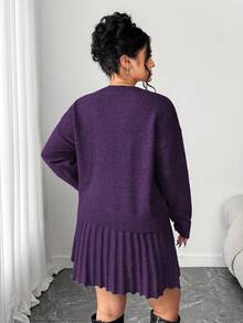 SHEIN PETITE CURVE 女士休闲花卉3D装饰长袖上衣和宽松半裙套装，大码针织毛衣套装，适合外出穿着 - 紫色 - 查看 2