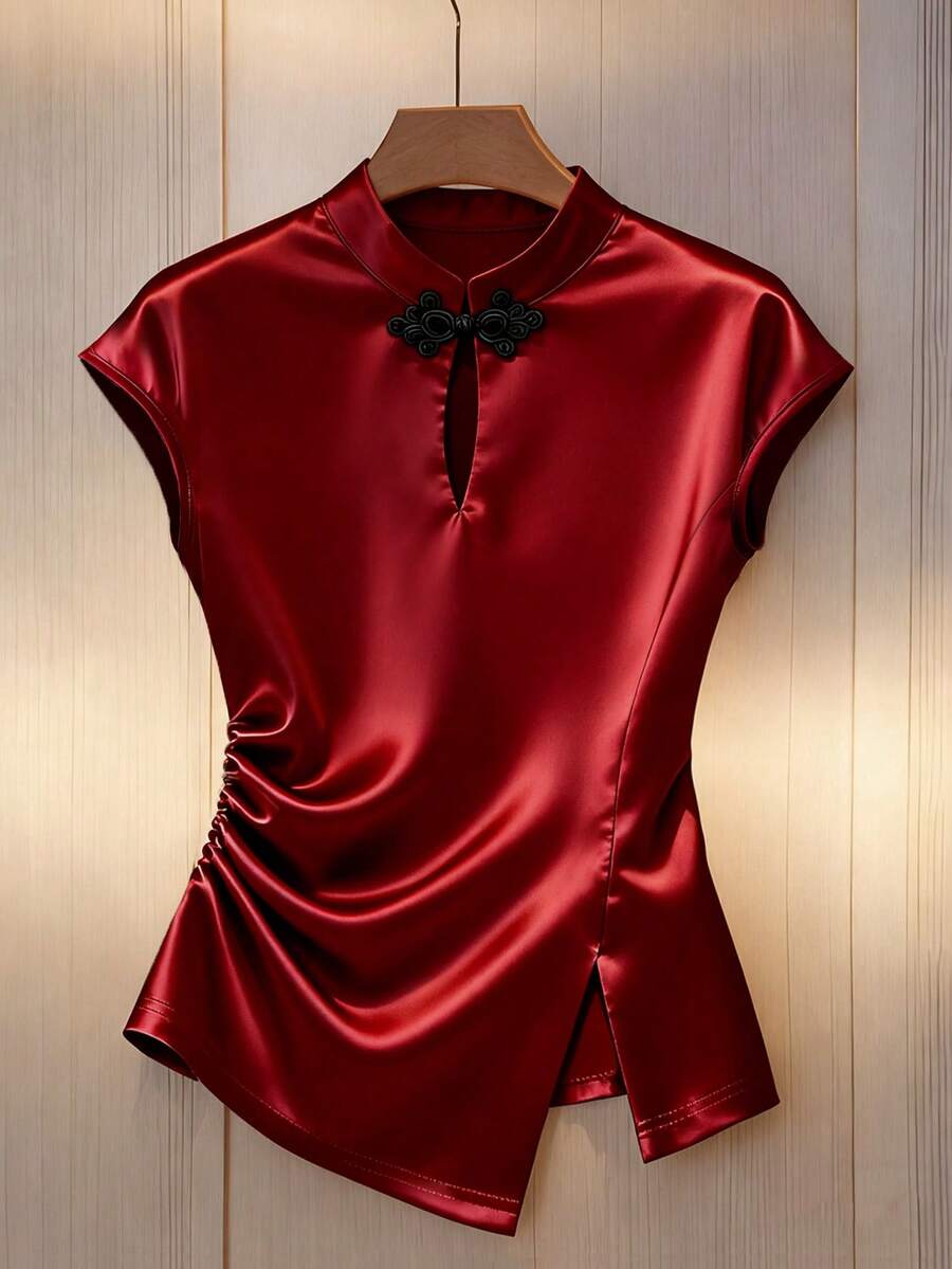 Franclia Women's Spring/Summer New Chinese Style Button-Up Mandarin Collar Blouse, Cinched Waist With Slit, Holiday/Date Night Tee, Unique Collar Design With Elegant Black Button, Simple Yet Special, Suitable For Commute, Daily, Summer, Party, Beach, Date, Graduation, Business, Urban Chic Dark Red Top Satin Tops For Women Red Blouses Wine Red Top Red Satin Satin Blouses For Women Silk Tops For Women Red Blouse Women Red Blouse Women Plus