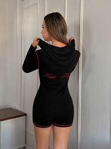 HautHeat Women's Contrast Stitching Hooded Jumpsuit Romper - Black - View 2