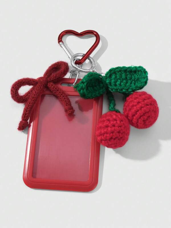 ROMWE Kawaii 1pc Sweet & Cool Fashion High-Quality College Style Autumn/Winter Red Plush Ball Yarn Bow Adjustable Lanyard Solid Color Clear Campus Card ID Holder DIY Keychain Bag Charm, Suitable For Office Workers, Students, Daily Wear & Gifts Valentines