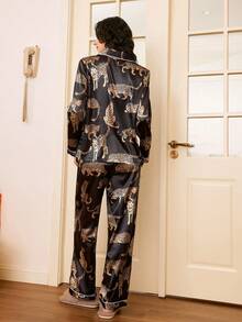 Chillnights Fashionable Casual INS Quality Faux Silk Black Leopard Print Oversized Women PJS Women Silk PJS Silk Pj Set Black Satin Pj Set - Multicolor - View 2